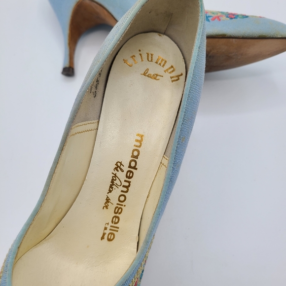 Vintage Mademoiselle Triumph Last Embroidered Floral Baby Blue Pumps Heels - Picture 7 of 10